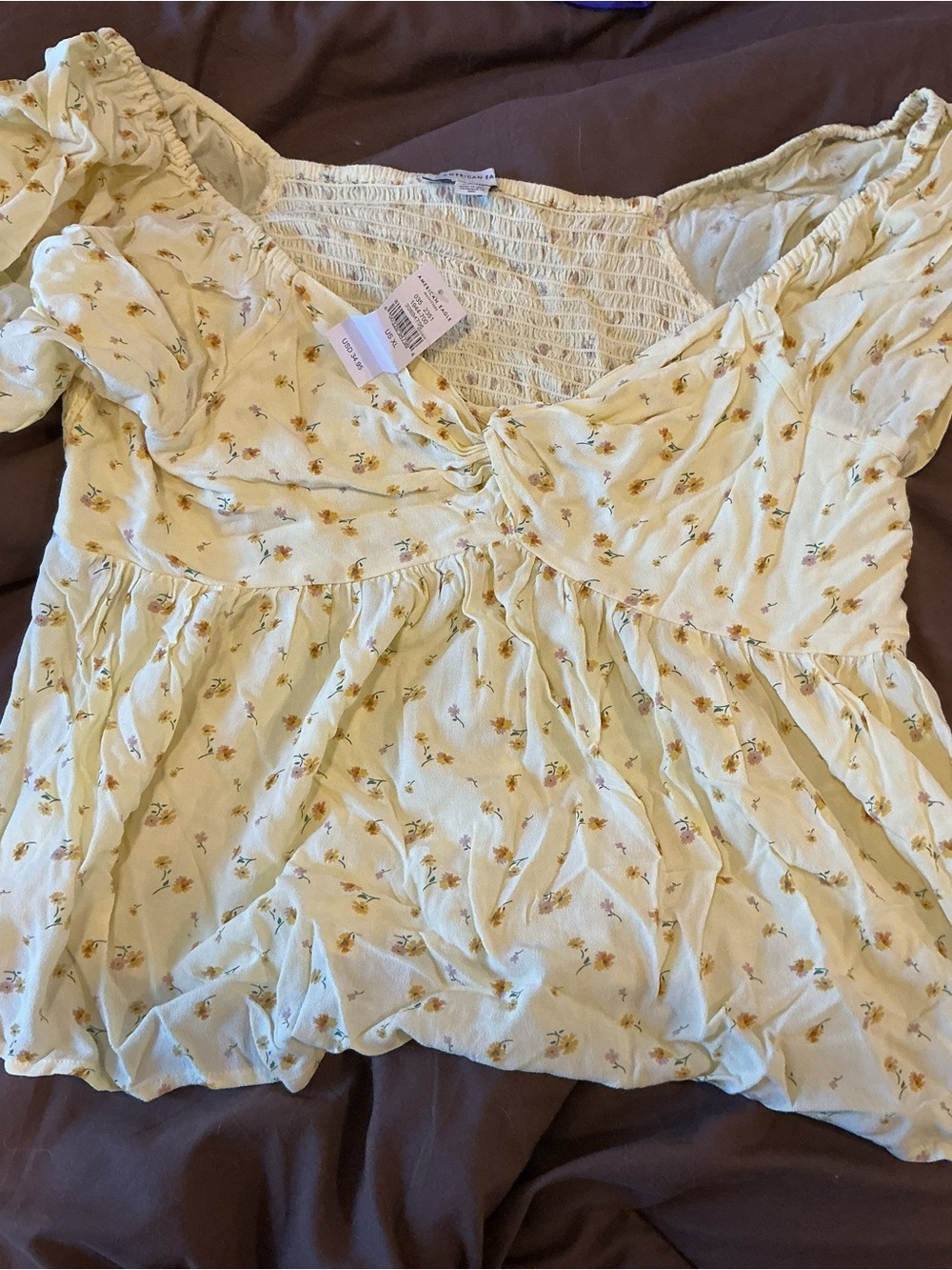 American Eagle Outfitters Pale Yellow Floral Puff-Sleeve Crop Top